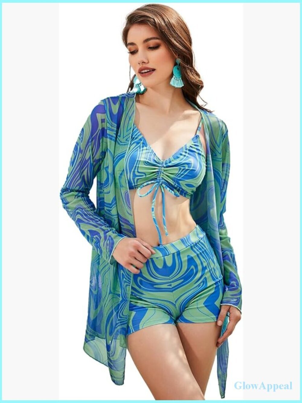 3 Piece Marble Print Tankini Swimsuit Set with Kimono Cover Up Long Sleeve V
